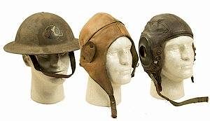 2 US Leather Flying Helmets, and a Steel Helmet w/ Painted Divisional Insignia