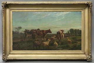 H. C. Bispham, "Cows Grazing in the Field" oil on