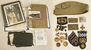 WWI and WWII British, Canadian, and US Badges, Albums, Photos, and Patches, incl. Piot's Log Book and signed currency