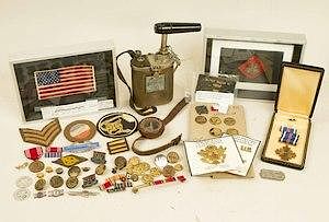 US WWI Items, incl. cased DFC, Pilot's Wrist Compas, Explosives Plunger, and several named items.