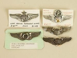 5 Pair Rare US full-sized Wings, including 2 pair Astronaut Wings, one deluxe Command, and 3 sterling World War II wings.