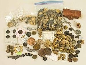 Huge Bag of Buttons, small Cartridge Box, Wings, Dog Tags, and More