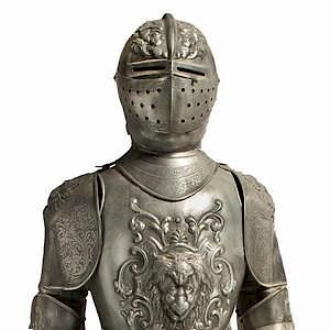 16th Century style Suit of Armor - Embossed, Engraved.  70"H on 6"H Pedestal