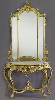 Italian carved gilt marble top console and mirror,