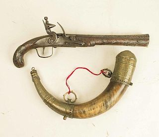 North African Flintlock Pistol with large powder horn.