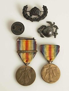 WWI USMC Badge, Tank Corps and other Badges, and 2 US WWI Victory Medals