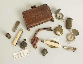 US Spanish-American  and WWI Militaria Lot, compasses, cartridge box, Officer's mess items