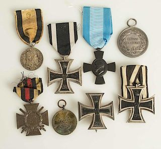 German WWI Decorations and Medals, including Iron Crosses 1st and 2nd Class.