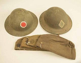 2 US WWI Painted Helmets and 4 Overseas Caps