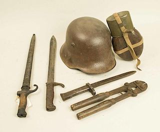 WWI Trench Relics, incl. German Helmet and Bayonets, French Wire Cutters and Bayonet,