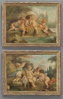 Pair of paintings depicting three cherubs, oil on