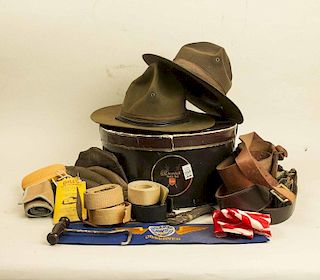 US WWI and WWII Hats, Caps, Belts, accoutrements, arm band, and Japanese Flag