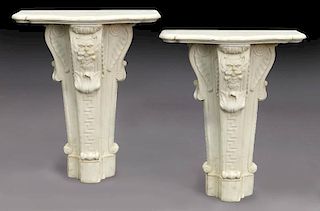 Pr. Italian Carrara marble console tables