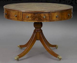 George III style mahogany drum table with leather