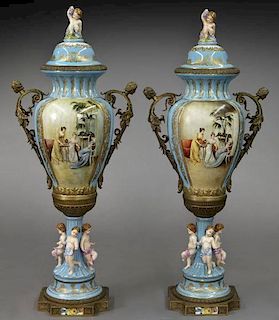 Pr. large Sevres style porcelain vases, the lids