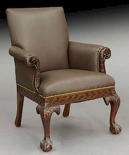 Irish Late 19th C. leather upholstered armchair,