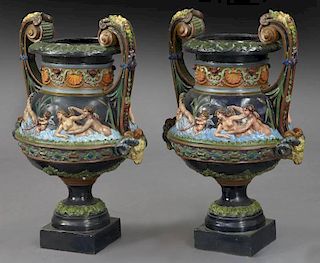 Pr. Continental polychrome bronze urns,