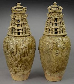 Pr. Large Chinese ceramic funeral urns,