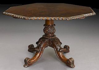 William IV burl walnut octagonal breakfast table,