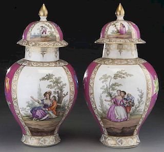 Pr. Meissen style porcelain jars with covers