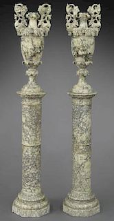 Pr. Italian alabaster urns on pedestals
