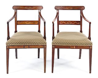 A Pair of George III Painted and Inlaid Satinwood and Mahogany Armchairs Height 33 3/8 inches.