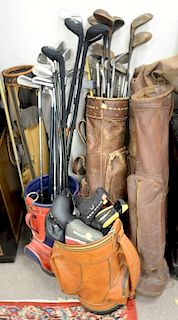 Group of golf equipment including sixteen recent clobs (three with covers), fifteen vintage clubs with bag (as is), two bags