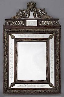 French metal repousse and etched glass mirror