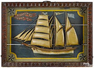 Carved and painted ship diorama, late 19th c.