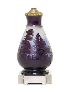 A Galle Cameo Glass Table Lamp, Height of glass 6 1/4 inches.