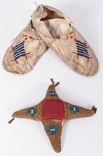 Plains Beaded Hide Fetish and Cheyenne Child's Moccasins