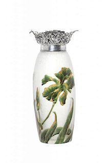 A French Enameled Cameo Glass and American Silver Mounted Vase, Height overall 8 3/4 inches.