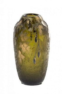 A Legras Acid Cut Glass Vase, Height 8 inches.