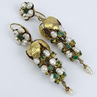 Vintage Emerald, Baroque Pearl and 14 Karat (or less) Yellow Gold Chandelier Earrings
