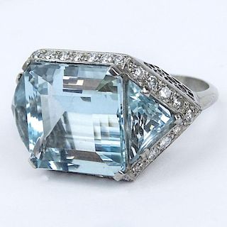 30.0 Carat Square and Trillion Cut Aquamarine, 1.50 Carat Diamond and Platinum Ring