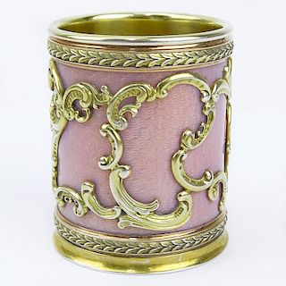 Russian Faberge 88 Silver and Very Rare Pink Opalescent Guilloche Enamel Vodka Cup with Rococo Design Overlay