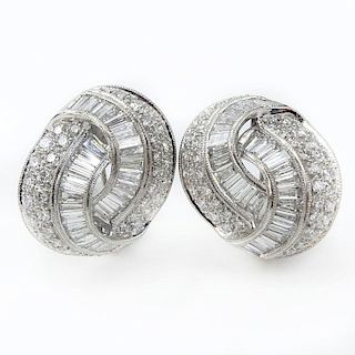 5.63 Carat Tapered Baguette and Pave Set Round Brilliant Cut Diamond and Platinum Earrings.
