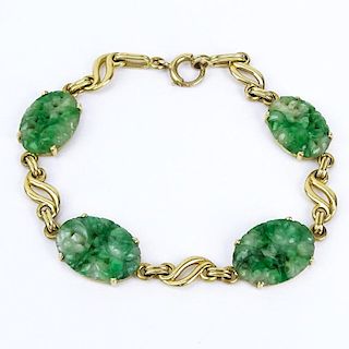 Vintage Carved Jade and 14 Karat Yellow Gold Bracelet