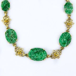Vintage Carved Jade and 14 Karat Yellow Gold Necklace