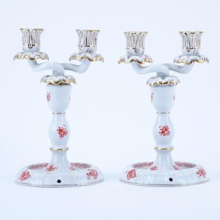 Pair of Herend Chinese Bouquet (Rust) Two Arm Porcelain Candle Holders