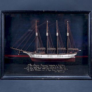 Hand Painted Wood Carving of the Schooner Douaumont in Shadowbox Frame