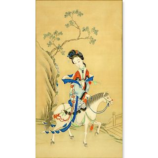 Vintage Chinese Painting On Silk "Girl On Horse"