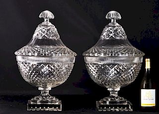 Large Rare Pair Georgian Cut Crystal Covered Urns