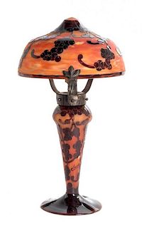 A Le Verre Francais Cameo Glass Table Lamp, Diameter of shade 9 1/4 x height overall 17 1/2 inches.
