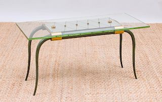 ART DECO GLASS AND MIRROR-TOP VERDIGRIS BRONZE LOW TABLE