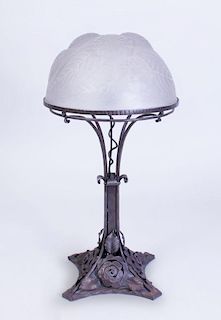 LALIQUE GLASS SHADE MOLDED WITH FLOWERS ON A WROUGHT-IRON BASE