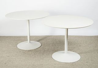 THREE CIRCULAR PAINTED METAL AND WHITE FORMICA WORK TABLES