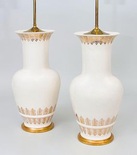 PAIR OF GILT-DECORATED PORCELAIN BALUSTER VASES MOUNTED AS LAMPS