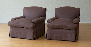 PAIR OF LARGE LINEN UPHOLSTERED CLUB CHAIRS