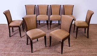 SET OF EIGHT FRENCH ART DECO STYLE STAINED MAHOGANY UPHOLSTERED DINING CHAIRS